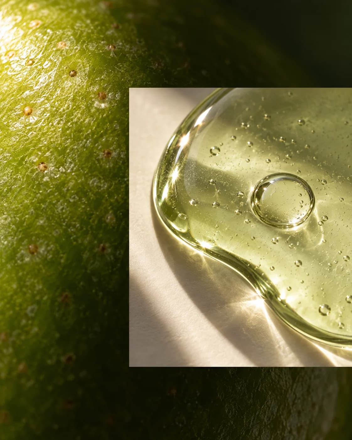 Vivid green apple peel behind a translucent green gel pool with a trapped bubble