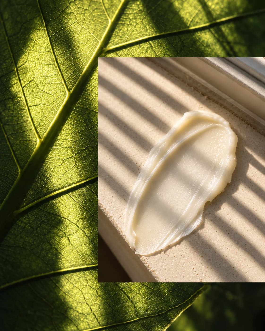 Emerald leaf veins behind an ivory balm swipe crossed by window-blind shadows
