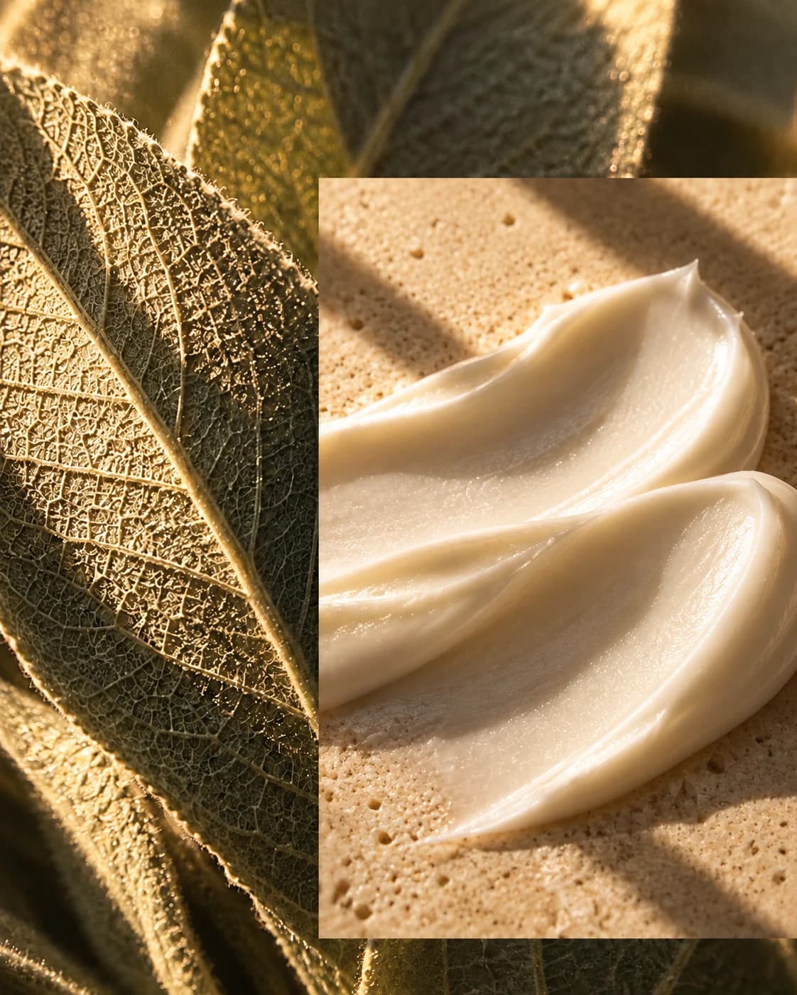 Silver-sage leaf detail behind overlapping ivory cream folds in window light