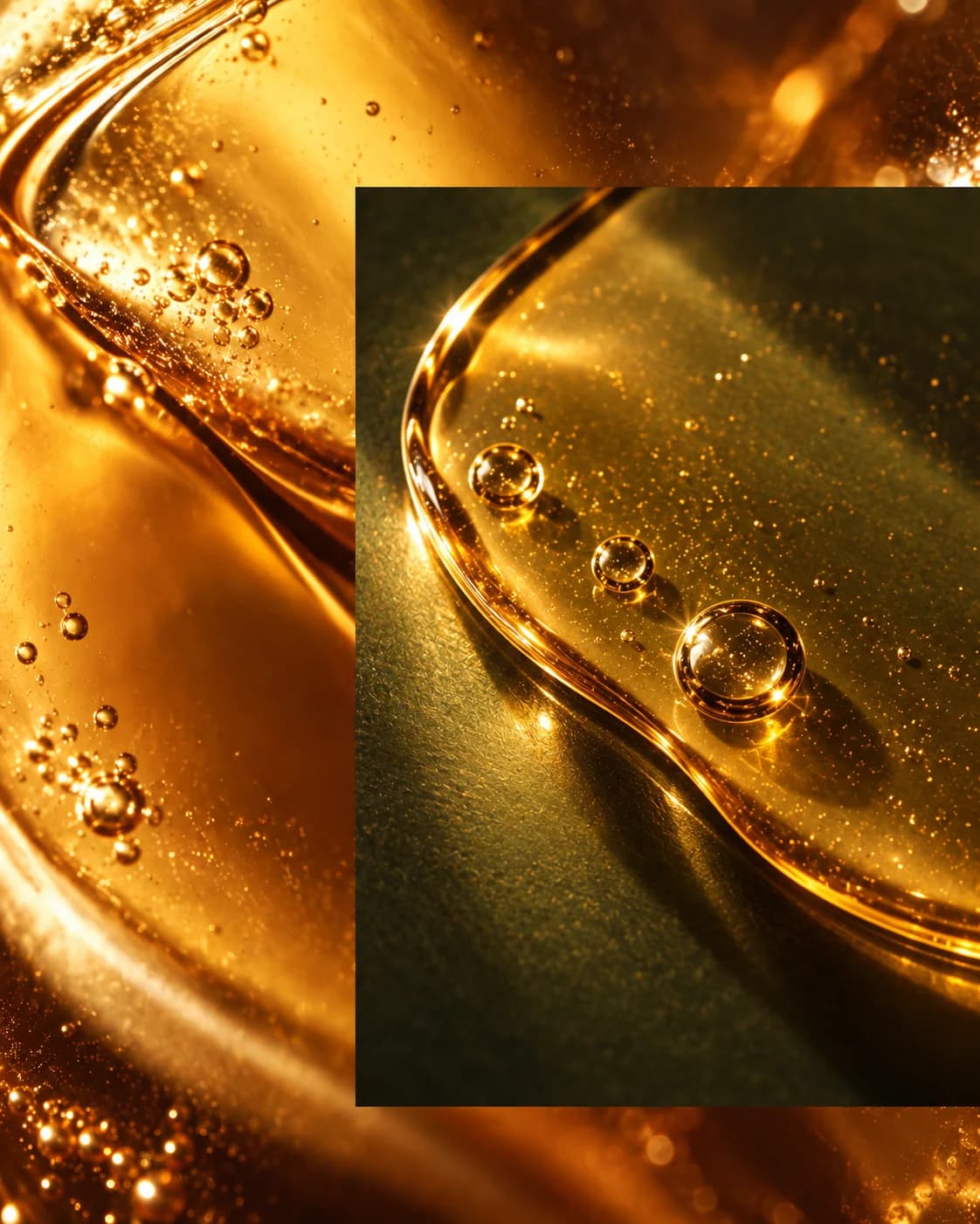 Amber liquid and bubbles behind a thin serum pool on dark olive glass
