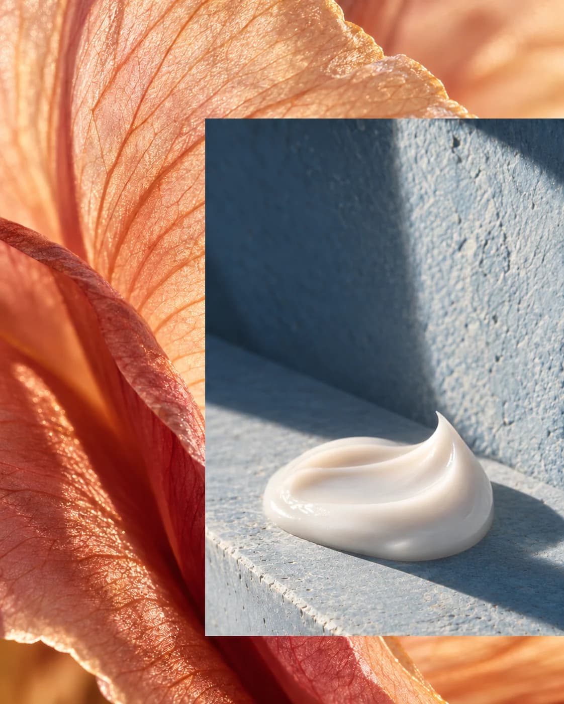 Peach-pink petal veins behind a pearl-white emulsion scoop on powder-blue stone