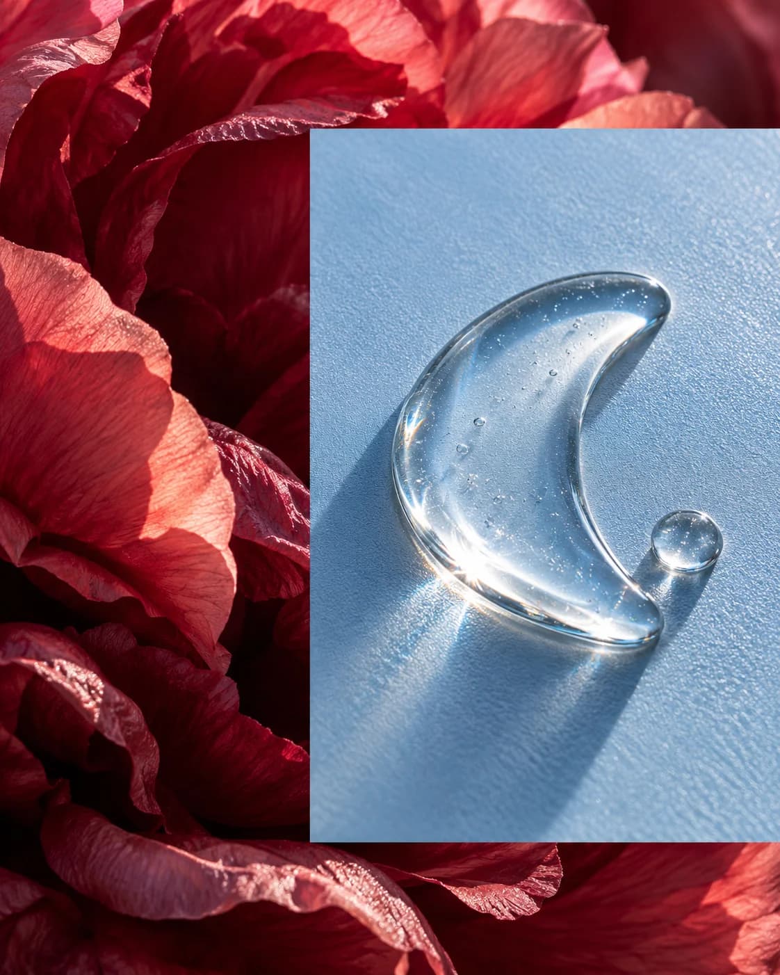 Burgundy peony petals behind a clear serum crescent and round droplet on powder-blue glass